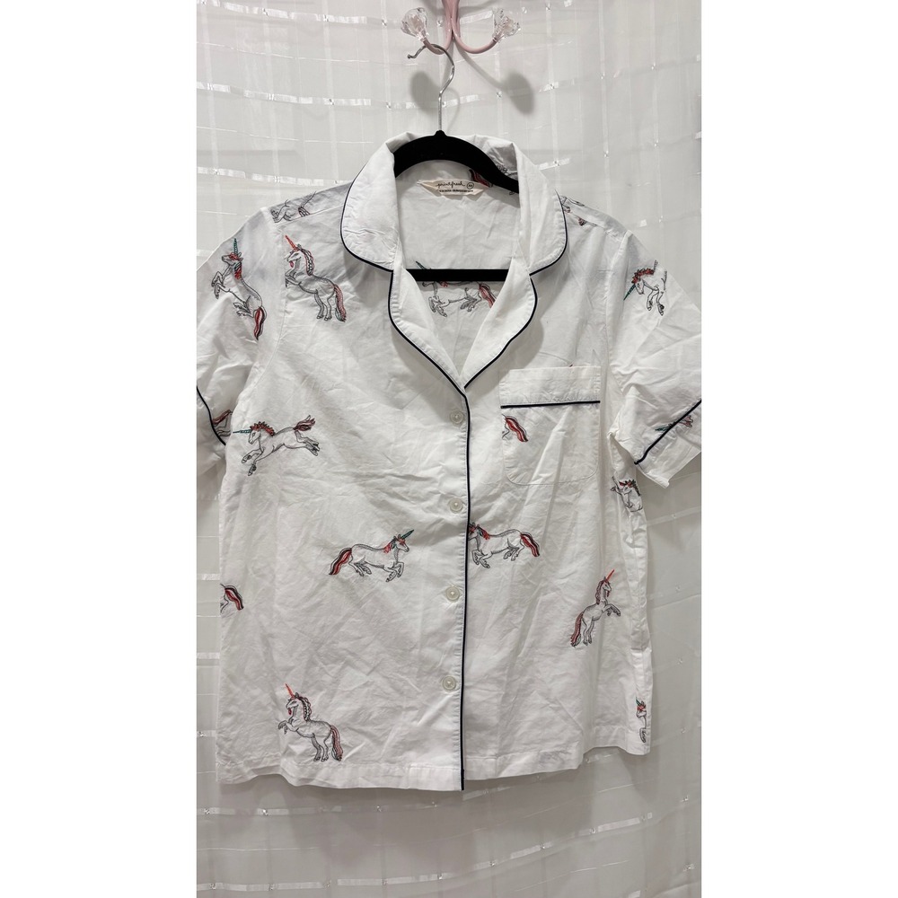 Printfresh White Organic Cotton Unicorn Embroidered Pajama Top Short Sleeve L